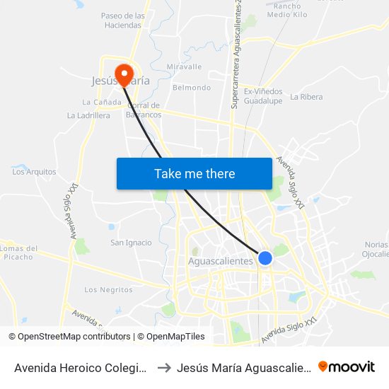 Avenida Heroico Colegio Militar, 103 to Jesús María Aguascalientes Mexico map