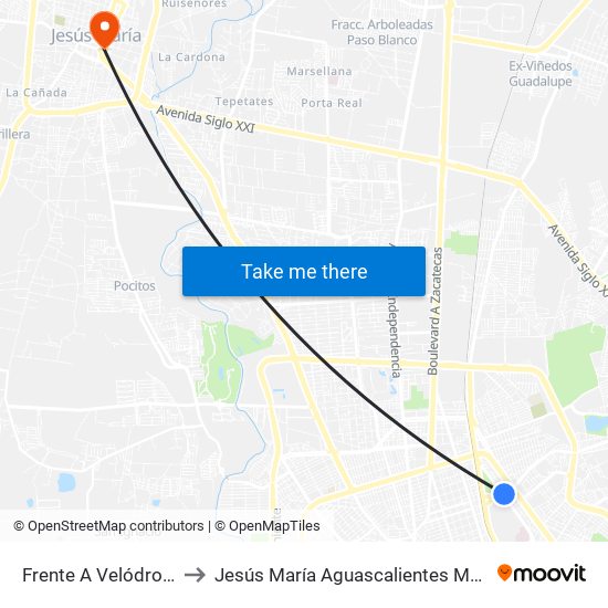 Frente A Velódromo to Jesús María Aguascalientes Mexico map