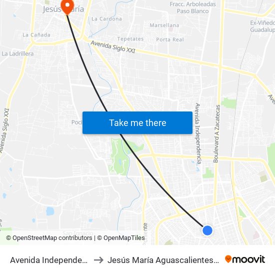 Avenida Independencia, 3 to Jesús María Aguascalientes Mexico map