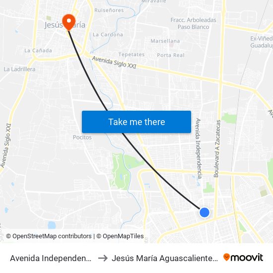 Avenida Independencia, 939 to Jesús María Aguascalientes Mexico map