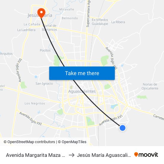 Avenida Margarita Maza De Juárez, 955 to Jesús María Aguascalientes Mexico map