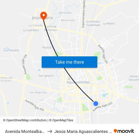 Avenida Montealban, 510 to Jesús María Aguascalientes Mexico map