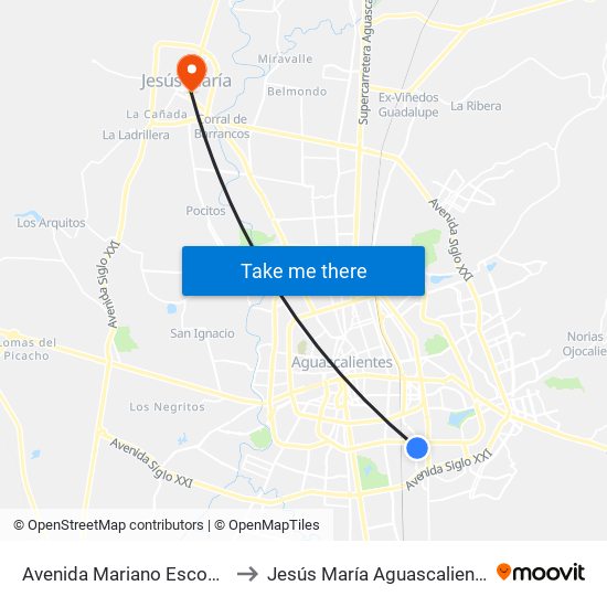 Avenida Mariano Escobedo, 118a to Jesús María Aguascalientes Mexico map