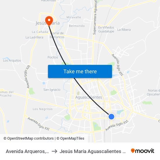 Avenida Arqueros, 402 to Jesús María Aguascalientes Mexico map