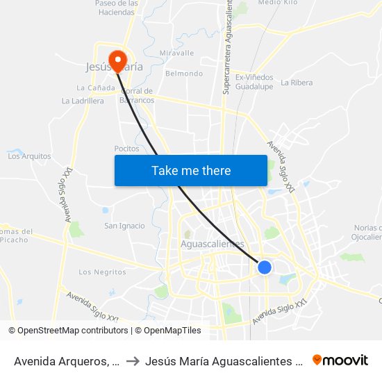 Avenida Arqueros, 102c to Jesús María Aguascalientes Mexico map