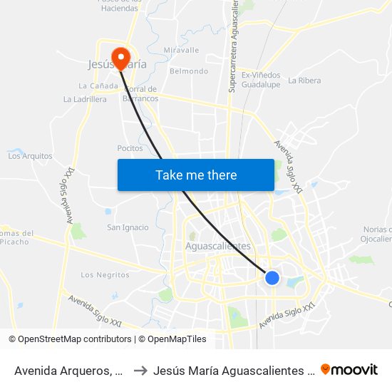 Avenida Arqueros, Sn(Lb) to Jesús María Aguascalientes Mexico map