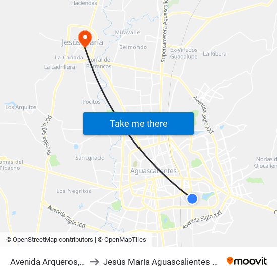 Avenida Arqueros, 927 to Jesús María Aguascalientes Mexico map