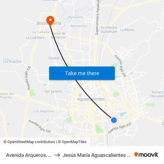 Avenida Arqueros, 201b to Jesús María Aguascalientes Mexico map