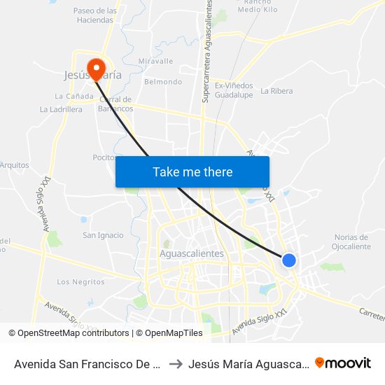 Avenida San Francisco De Los Viveros, 1002 to Jesús María Aguascalientes Mexico map