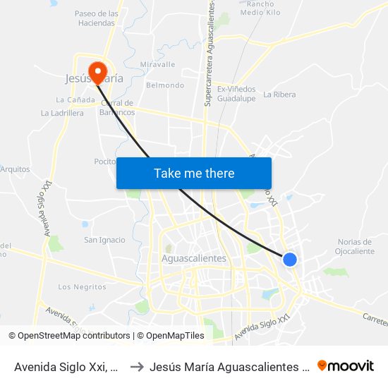 Avenida Siglo Xxi, Sn(Ct) to Jesús María Aguascalientes Mexico map