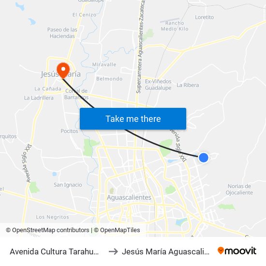 Avenida Cultura Tarahumara, 181(Vd) to Jesús María Aguascalientes Mexico map