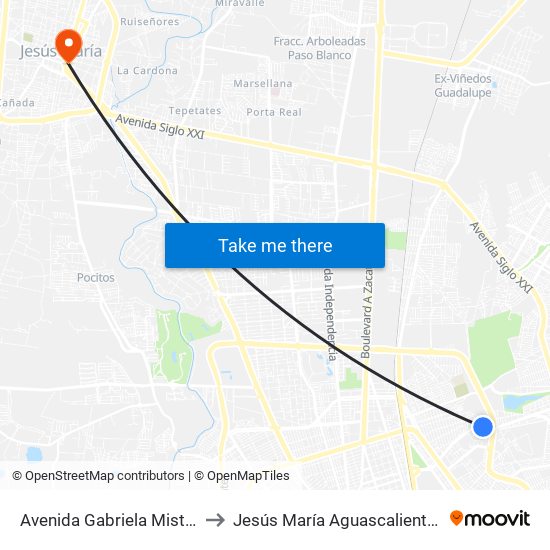 Avenida Gabriela Mistral, 904b to Jesús María Aguascalientes Mexico map