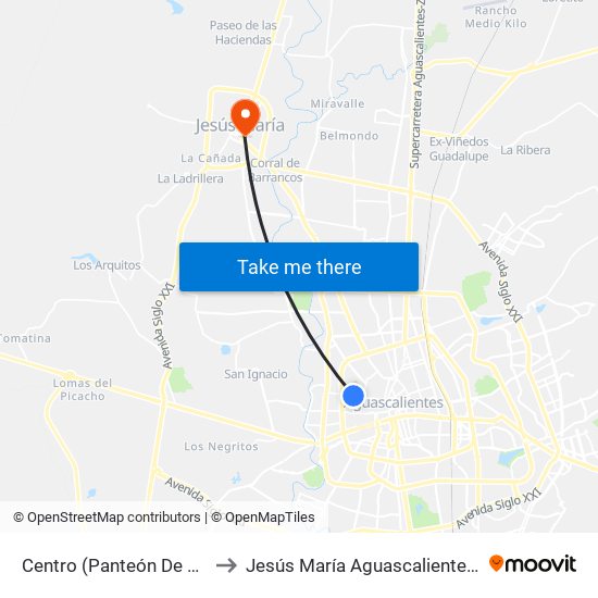 Centro (Panteón De La Cruz) to Jesús María Aguascalientes Mexico map