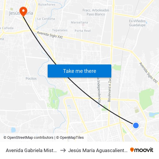Avenida Gabriela Mistral, Sn(Ct) to Jesús María Aguascalientes Mexico map