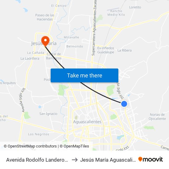 Avenida Rodolfo Landeros Gallegos, 403 to Jesús María Aguascalientes Mexico map