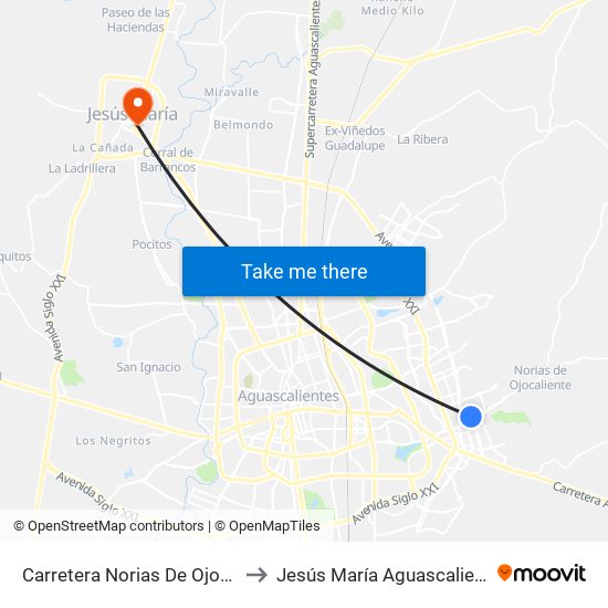Carretera Norias De Ojocaliente, 218 to Jesús María Aguascalientes Mexico map
