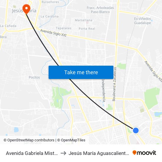 Avenida Gabriela Mistral, 101a to Jesús María Aguascalientes Mexico map