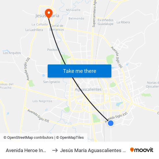 Avenida Heroe Inmortal to Jesús María Aguascalientes Mexico map