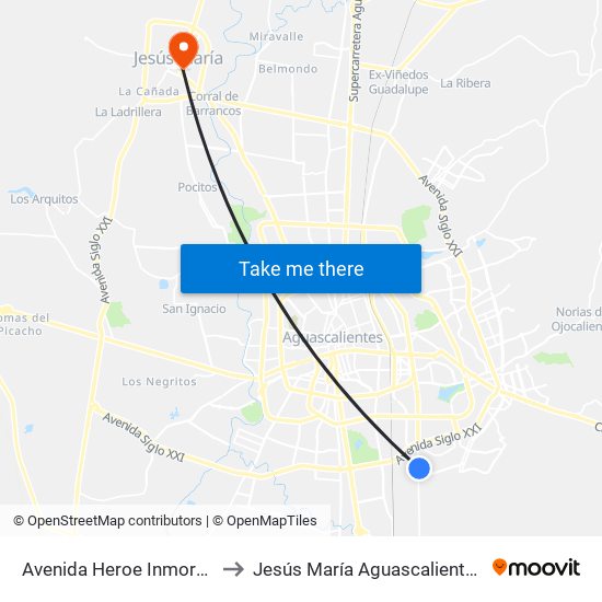 Avenida Heroe Inmortal, 1502 to Jesús María Aguascalientes Mexico map
