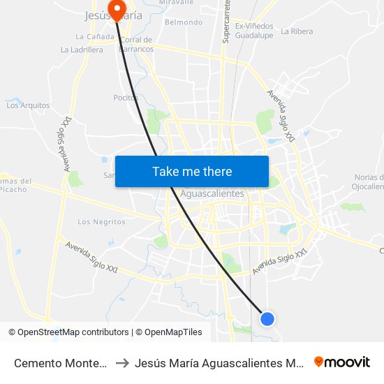 Cemento Monterrey to Jesús María Aguascalientes Mexico map