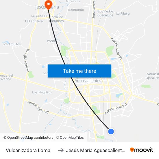 Vulcanizadora Lomas Del Sur to Jesús María Aguascalientes Mexico map
