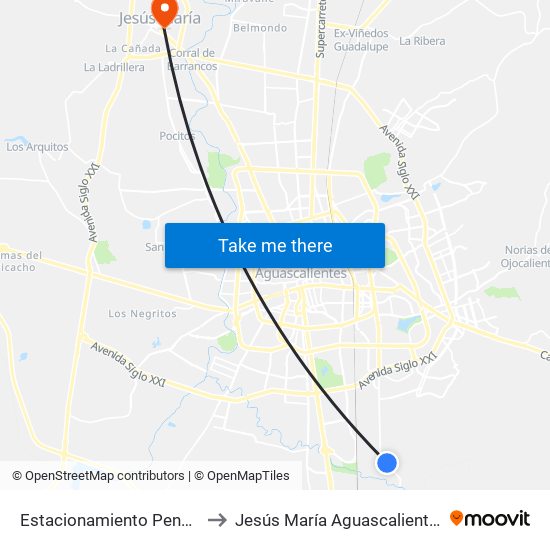 Estacionamiento Pensión Mpal to Jesús María Aguascalientes Mexico map