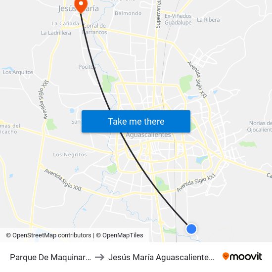 Parque De Maquinaria Sop to Jesús María Aguascalientes Mexico map