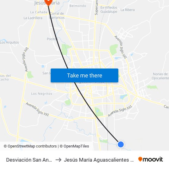 Desviación San Antonio to Jesús María Aguascalientes Mexico map