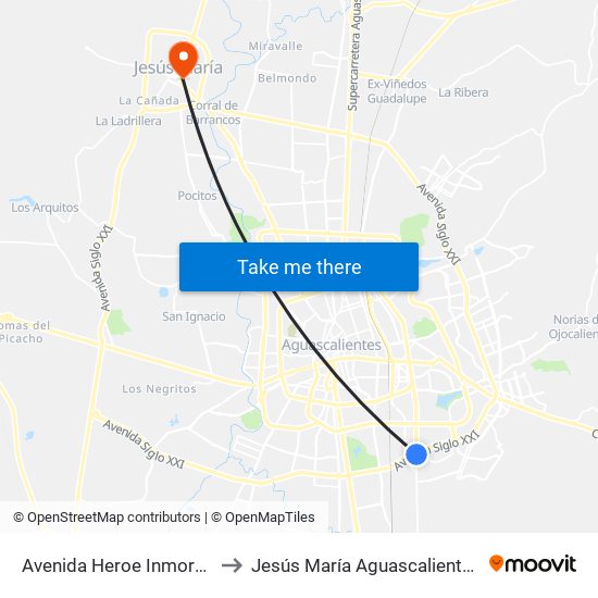 Avenida Heroe Inmortal, 1202 to Jesús María Aguascalientes Mexico map
