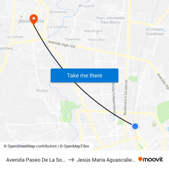 Avenida Paseo De La Solidaridad, 99 to Jesús María Aguascalientes Mexico map