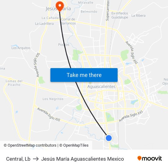 Central, Lb to Jesús María Aguascalientes Mexico map