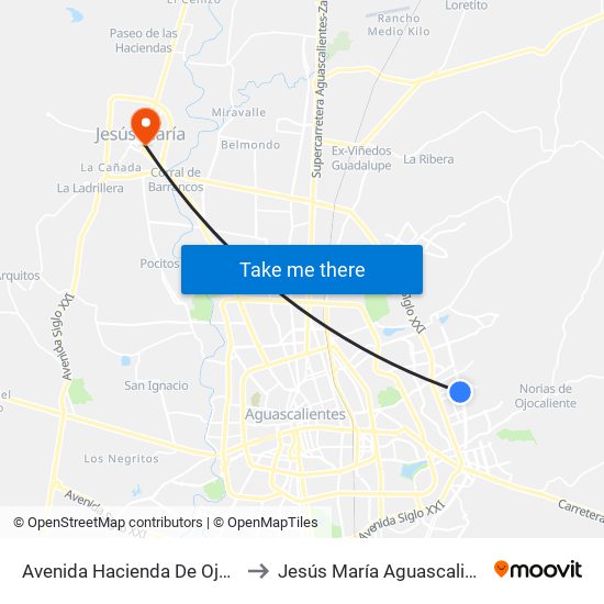 Avenida Hacienda De Ojocaliente, 298 to Jesús María Aguascalientes Mexico map