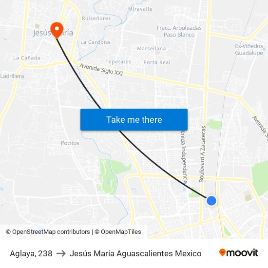 Aglaya, 238 to Jesús María Aguascalientes Mexico map
