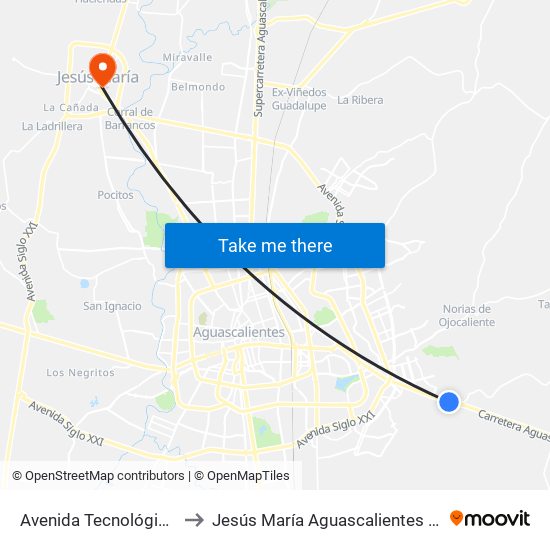 Avenida Tecnológico, 24 to Jesús María Aguascalientes Mexico map