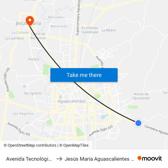 Avenida Tecnológico, 24 to Jesús María Aguascalientes Mexico map