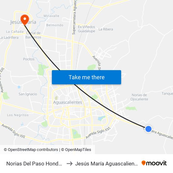 Norias Del Paso Hondo Ascenso to Jesús María Aguascalientes Mexico map