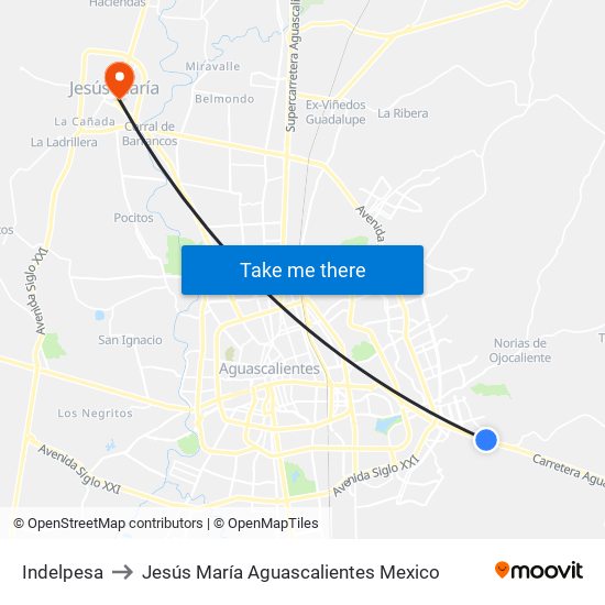 Indelpesa to Jesús María Aguascalientes Mexico map