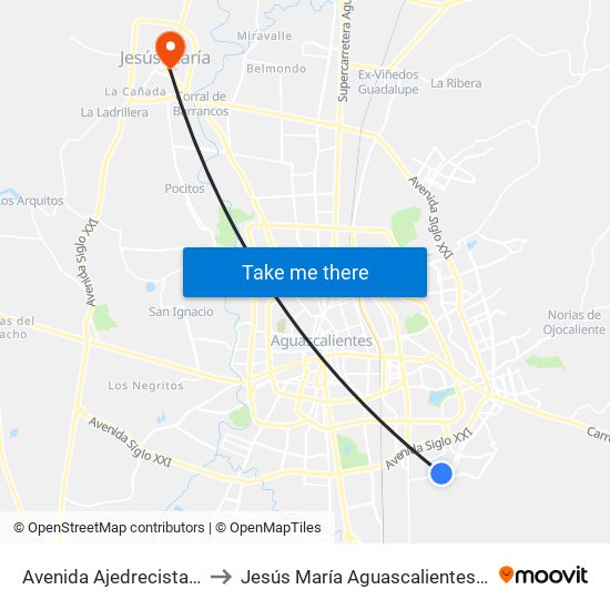 Avenida Ajedrecistas, 624 to Jesús María Aguascalientes Mexico map