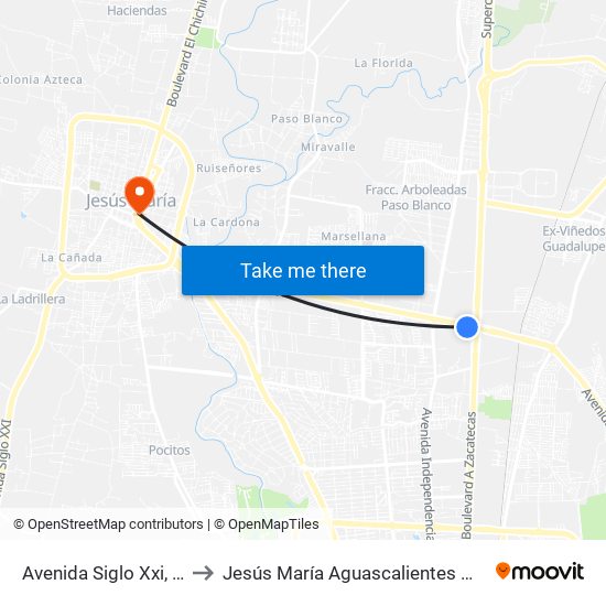 Avenida Siglo Xxi, 183 to Jesús María Aguascalientes Mexico map