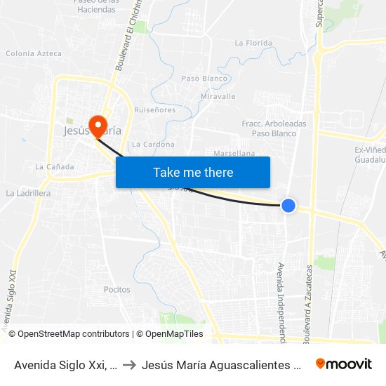 Avenida Siglo Xxi, 100 to Jesús María Aguascalientes Mexico map