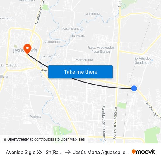 Avenida Siglo Xxi, Sn(Rancholatorre) to Jesús María Aguascalientes Mexico map