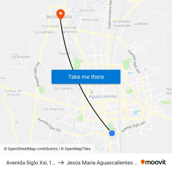 Avenida Siglo Xxi, 13440 to Jesús María Aguascalientes Mexico map