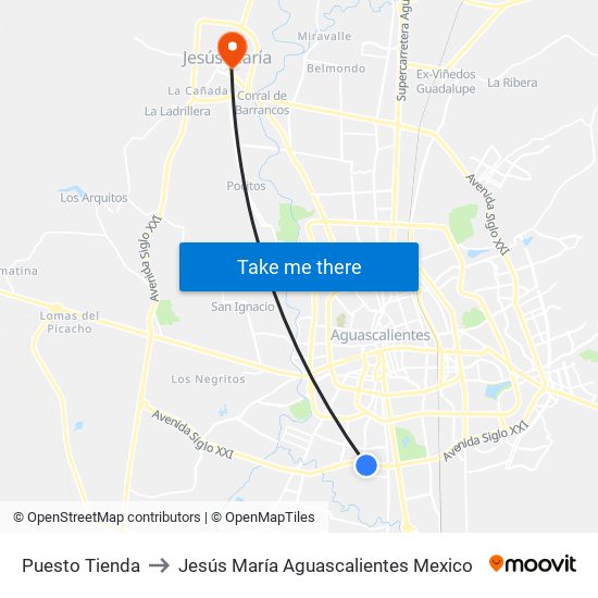 Puesto Tienda to Jesús María Aguascalientes Mexico map