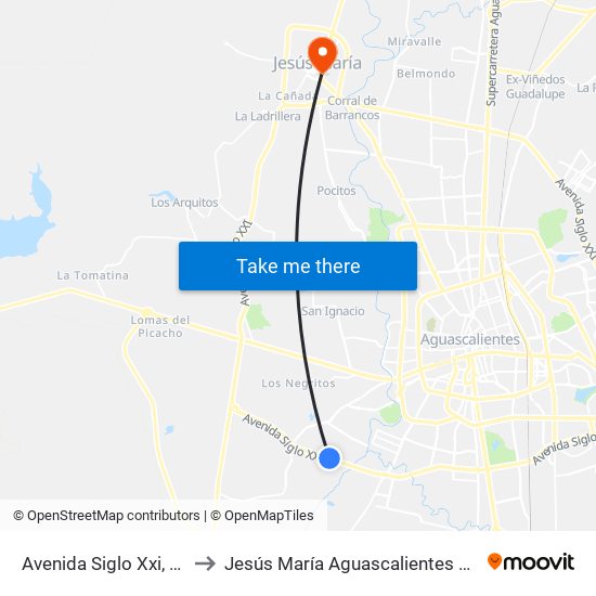 Avenida Siglo Xxi, 7070 to Jesús María Aguascalientes Mexico map