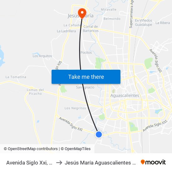 Avenida Siglo Xxi, 3980 to Jesús María Aguascalientes Mexico map