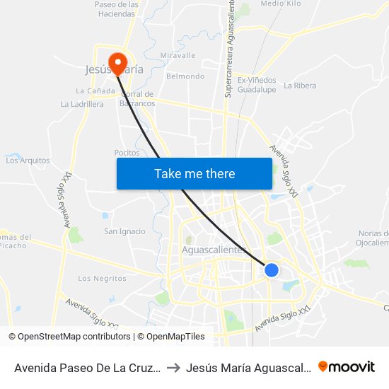 Avenida Paseo De La Cruz, Esq Via Lactea to Jesús María Aguascalientes Mexico map