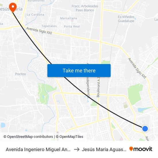 Avenida Ingeniero Miguel Angel Barberena Vega 702 to Jesús María Aguascalientes Mexico map