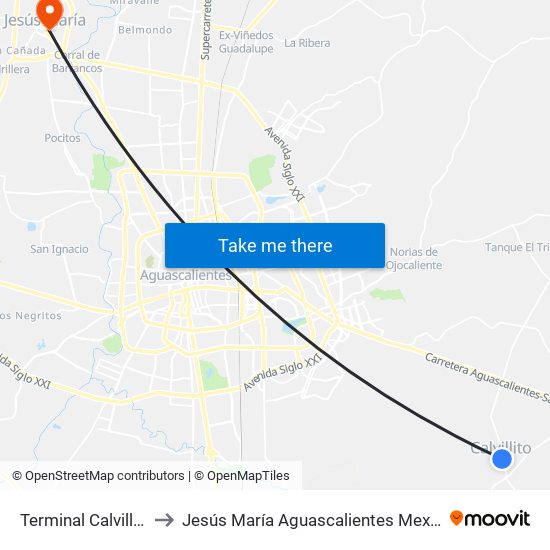 Terminal Calvillito to Jesús María Aguascalientes Mexico map