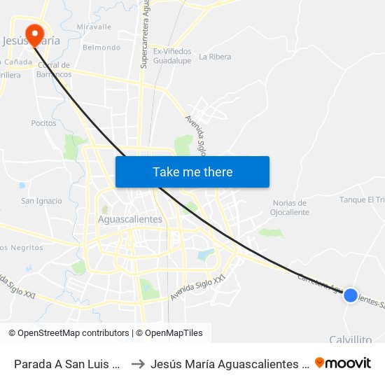 Parada A San Luis Potosi to Jesús María Aguascalientes Mexico map