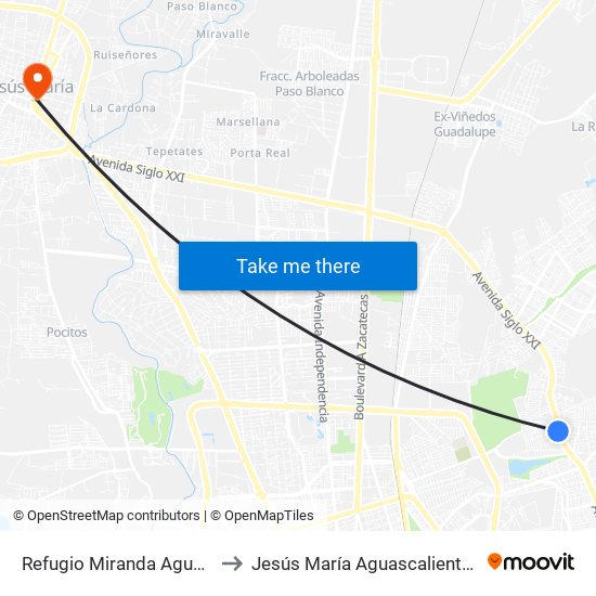 Refugio Miranda Aguayo 100b to Jesús María Aguascalientes Mexico map